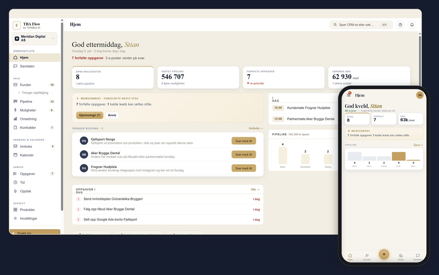 TBA Flow — Hjem-skjermen med dagens møter, forfalte oppgaver, morgenbrief og et øyeblikksbilde av pipelinen, vist på desktop og mobil.