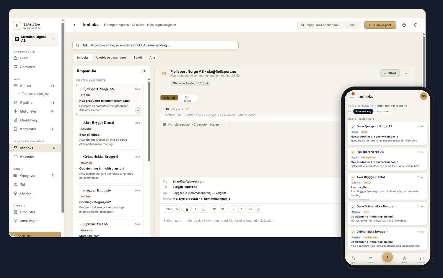 Innboksen i TBA Flow med respons-kø, sammendrag per e-post og hele tråden samlet.